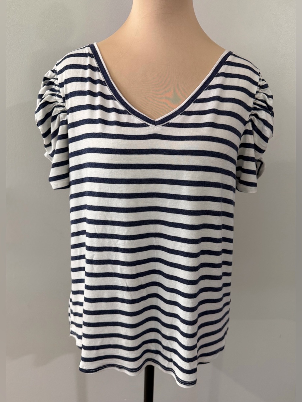 Green Envelope Anthro Blue White Striped V-Neck Short Sleeve Women's T-Shirt Top